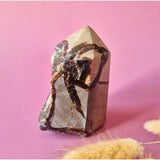 Moonlight Gemstones Druzy Septarian obelisk, 455g, brown-gray with golden veins and rough druzy surfaces