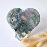 Grote druzy mosagaat hart op metalen standaard, Moonlight Gemstones, model #48, 195g