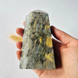 XL purple and orange labradorite tower with rainbow flash, 417g