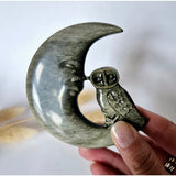Edelsteen Carving – Golden Obsidian Moon and Owl sculpture, 10–12 cm, Moonlight Gemstones