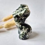 Moss agate female torso sculpture, 8 cm, Moonlight Gemstones hand-polished gemstone carving
