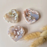 Moonlight Gemstones Cherry Blossom Agate heart-shaped stone bowls, 3-piece set, pastel pink and cream banding.