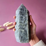 XL Labradorite tower by Moonlight Gemstones, gray-blue crystal with dark veining, 1235g