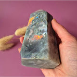 XL Labradorite tower in purple and orange with rainbow flash, 646g, Moonlight Gemstones
