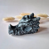 Yooperlite dragon skull carving, blue-gray speckled gemstone sculpture, 7 cm, Moonlight Gemstones