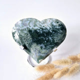 Moss agate druzy heart on metal stand, green marbled gemstone sculpture, 348 g