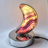Moonlight Gemstones candy fluorite crescent moon lamp on silver base with dimmable LED and USB