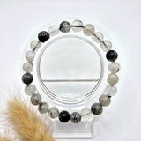Edelsteen armband met 8mm ronde kralen van Black Tourmaline Rutilated Quartz, grijs met zwarte insluitsels