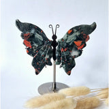 Afrikaanse Bloedsteen Vlinder op metalen standaard, handgesneden edelsteen sculptuur 12–14 cm