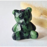 Bear-shaped ruby-in-zoisite crystal carving, green with black inclusions, Moonlight Gemstones, 4 cm