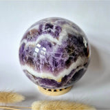 Moonlight Gemstones XL amethyst crystal sphere, 93 mm (1067 g), purple banded geode on stand
