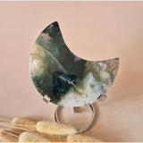 XL moss agate crescent moon on metal stand, green and cream druzy patterns, 209 g