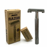 green-goose Klassieke Scheerset razor set with black butterfly clasp and knurled handle; three-piece with blade box
