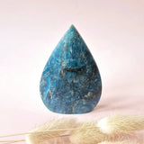 Blue apatite teardrop gemstone crystal, polished standing display stone