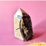 Druzy Septarian Toren obelisk from Moonlight Gemstones, beige exterior with dark druzy interior, 455g