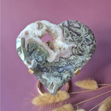 XL druzy agate heart on metal stand with pink-white crystals and gray matrix
