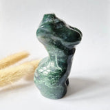 Moss agate woman figurine, 8 cm, hand-polished gemstone carving by Moonlight Gemstones