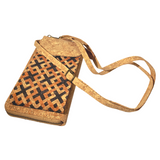 green-goose Kurk Telefoontasje Squares, cork-textured phone pouch with orange-black lattice and crossbody strap