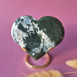 XL Edelsteen Druzy Mosagaat Hart op Metalen Standaard, groen met witte matrix
