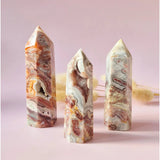 Moonlight Gemstones Crazy Lace Agaat torens, 3 stuks (7–9 cm) met roze, oranje en grijze banding
