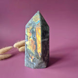 Moonlight Gemstones XL labradorite tower with rainbow flash, purple and orange hues, 646g