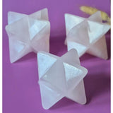 Rose calcite merkaba crystals, set of three, faceted geometric stars, 8 cm each