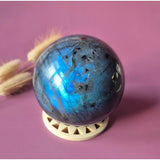 Labradorite sphere by Moonlight Gemstones, 50–85mm, blue iridescent flash.