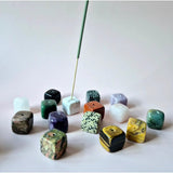 20mm gemstone cube incense holder by Moonlight Gemstones, surrounded by assorted colorful cubes