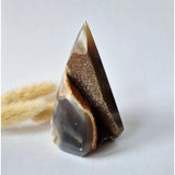 Druzy grey agate standing crystal sculpture with golden-brown drusy edge, 273g