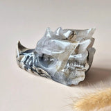 Agaat drakenschedel, UV-reactief, helder grijs met donkere banding, XL 13×6×7,5 cm.