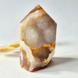 Druzy Agate Tower from Uruguay #112, 544 g by Moonlight Gemstones; natural geode with amber-brown druzy interior