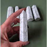Howlite obelisk towers from Moonlight Gemstones, 8–10 cm, white with gray veining; set of five