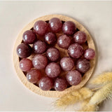 Strawberry quartz crystal spheres, 20–30mm, polished pink stones in a wooden dish, Moonlight Gemstones, 20 pcs