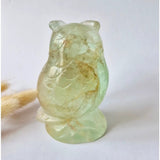 Fluorite owl gemstone carving, green translucent with brown veining, Moonlight Gemstones, 525g