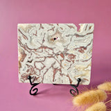 Crazy Lace Agate-slab op standaard, 265 g, druzy edelsteen met grijs-witte banden en rode aders, Moonlight Gemstones