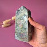 XL polished Labradorite tower crystal with purple/orange rainbow flash, 439g