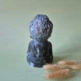 XL druzy moss agate Buddha statue by Moonlight Gemstones, 14 cm tall, dark green with white veining