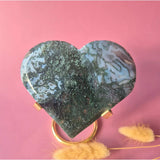 Druzy green moss agate heart (XL) on gold-tone metal stand by Moonlight Gemstones