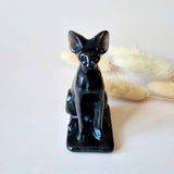 Edelsteen Zilver Obsidiaan Kat Sphinx Carving, black obsidian cat statue, 8 cm tall