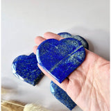 Lapis lazuli heart stones, deep blue with gold flecks, polished; 5–7 cm each, set of four