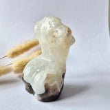 Mosagaat vrouwenbeeldje 8 cm, wit handgeslepen edelsteen met donkere voet, Moonlight Gemstones