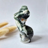 Moss agate hand-carved female figurine, green and white marbled, 8 cm (#28), Moonlight Gemstones.