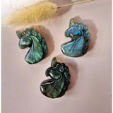 Moonlight Gemstones Labradorite unicorn carvings, iridescent blue-green with flash, set of 3 (3.7 cm each)