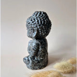 Yooperlite Buddha sculpture by Moonlight Gemstones, polished gray-blue stone, 15 cm tall