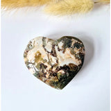 Druzy rode mosagaat hart 6-8 cm, hartvormige edelsteen met groen-bruin mospatroon