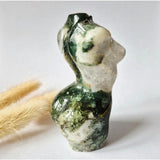 Moss agate female torso sculpture, 8 cm, hand-carved gemstone