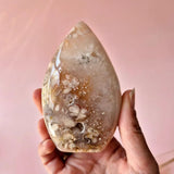 Druzy Roze Amethist freeform crystal held in hand by Moonlight Gemstones