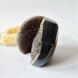 Druzy Agate Geode from Uruguay, 410 g, Moonlight Gemstones, natural silver-dusted interior with gray-blue exterior