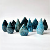 Moonlight Gemstones blue apatite teardrop crystals, standing display