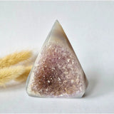 Druzy gray agate standing crystal pyramid with lilac-pink interior Moonlight Gemstones